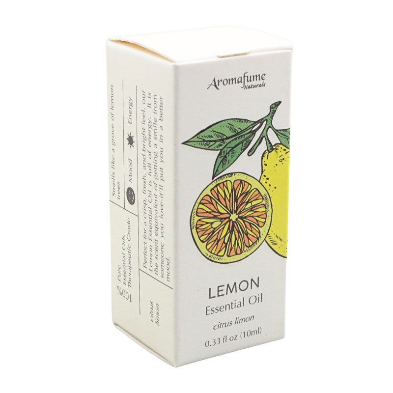 A box of Aromafume Natural Lemon Essential Oil, featuring a white packaging design with illustrations of a lemon slice, a whole lemon, and green leaves.