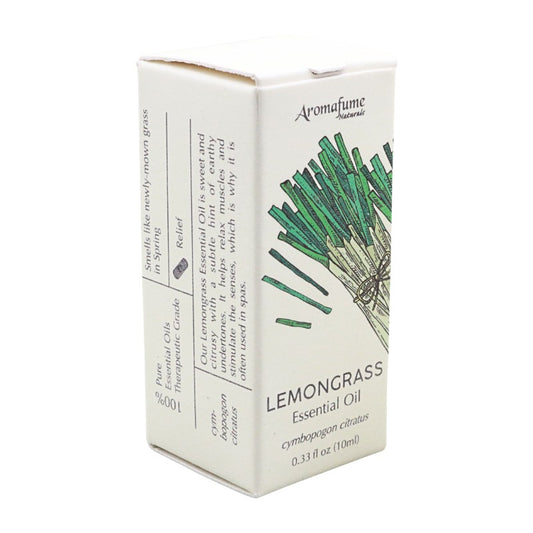 A box of Aromafume Naturals Lemongrass Essential Oil, featuring a white packaging box with green lemongrass illustrations and black text.
