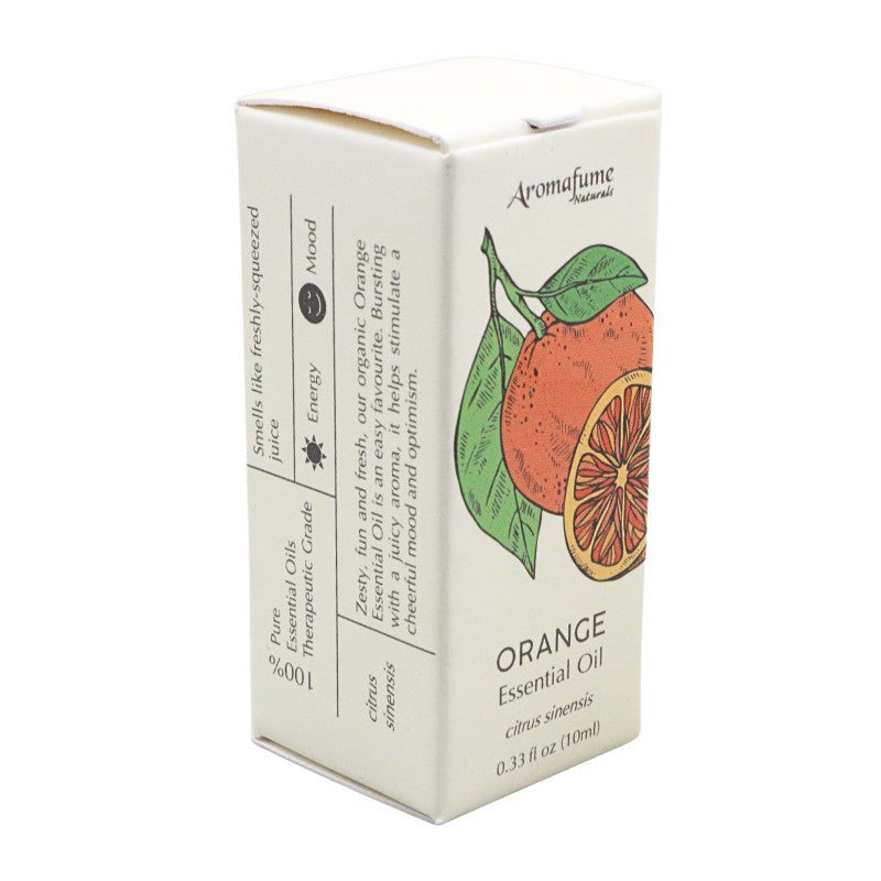 A box of Aromafume Organics Orange Essential Oil, featuring a cream-colored packaging box with an illustration of an orange and green leaves, on a white background.