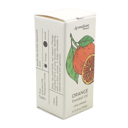 A box of Aromafume Organics Orange Essential Oil, featuring a cream-colored packaging box with an illustration of an orange and green leaves, on a white background.