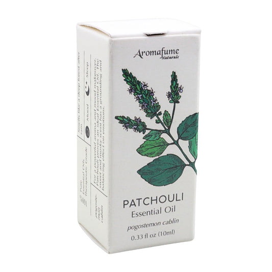 A white rectangular box of Aromafume Naturals Patchouli Essential Oil, featuring a green botanical illustration of the patchouli plant on the front.