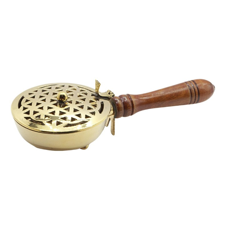 Brass charcoal burner with wooden handle
