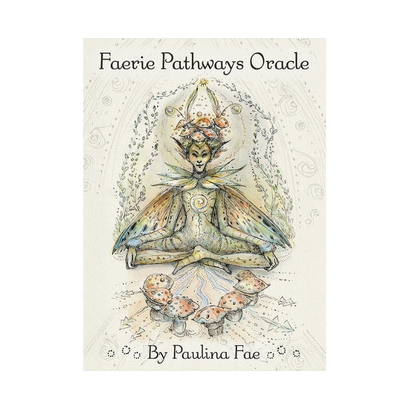 faerie pathways oracle showing a stylised fairy and mushrooms on a white background