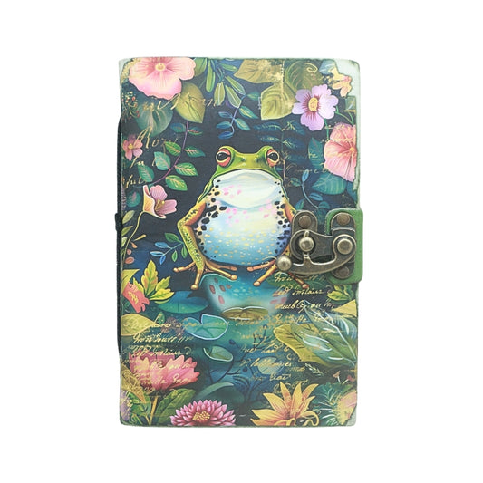 front cover of journal with locking closure and an image of a frog and water lillies