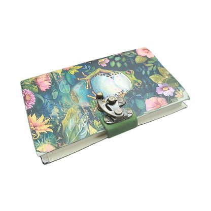 front cover of journal with locking closure and an image of a frog and water lillies