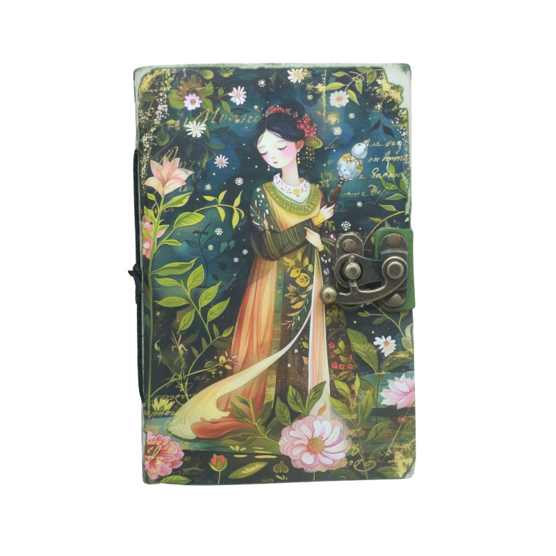 front cover of journal with locking closure and an image of a girl  and floral design, on a white background