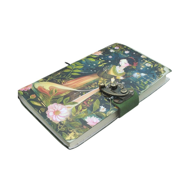 front cover of journal with locking closure and an image of a girl  and floral design, on a white background