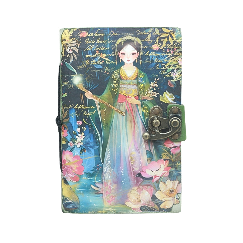 front cover of journal with locking closure and an image of a girl holding a wand and floral design, on a white background