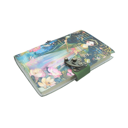 front cover of journal with locking closure and an image of a girl holding a wand and floral design, on a white background