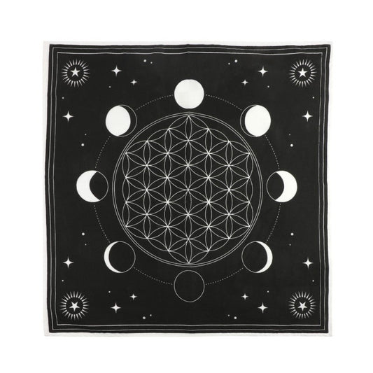 Black square scarf with white geometric design and moon phases on a white background
