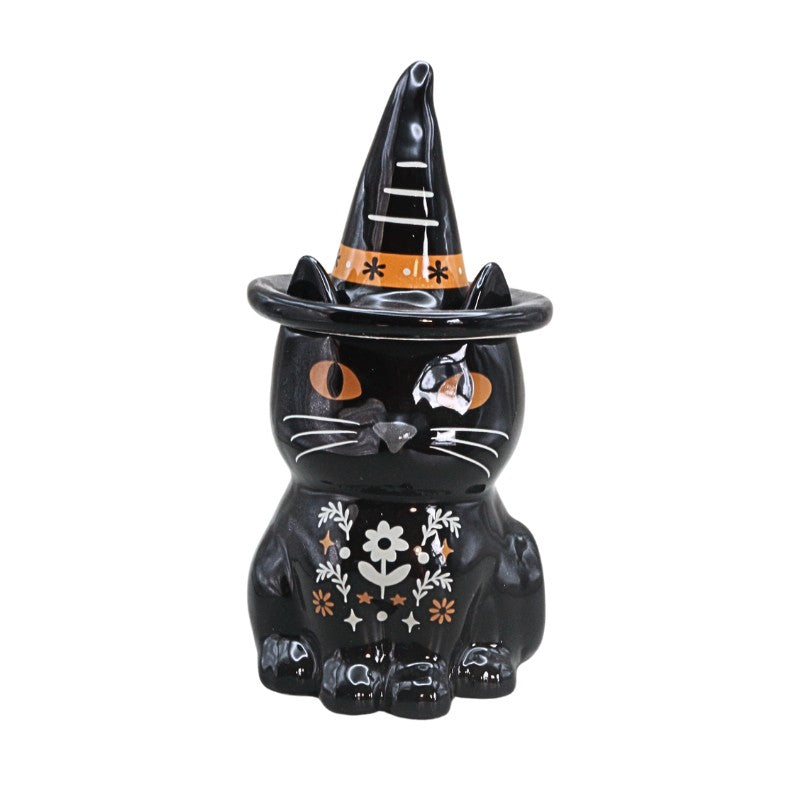 black and orange cat oil burner with folk art floral design, on a white background