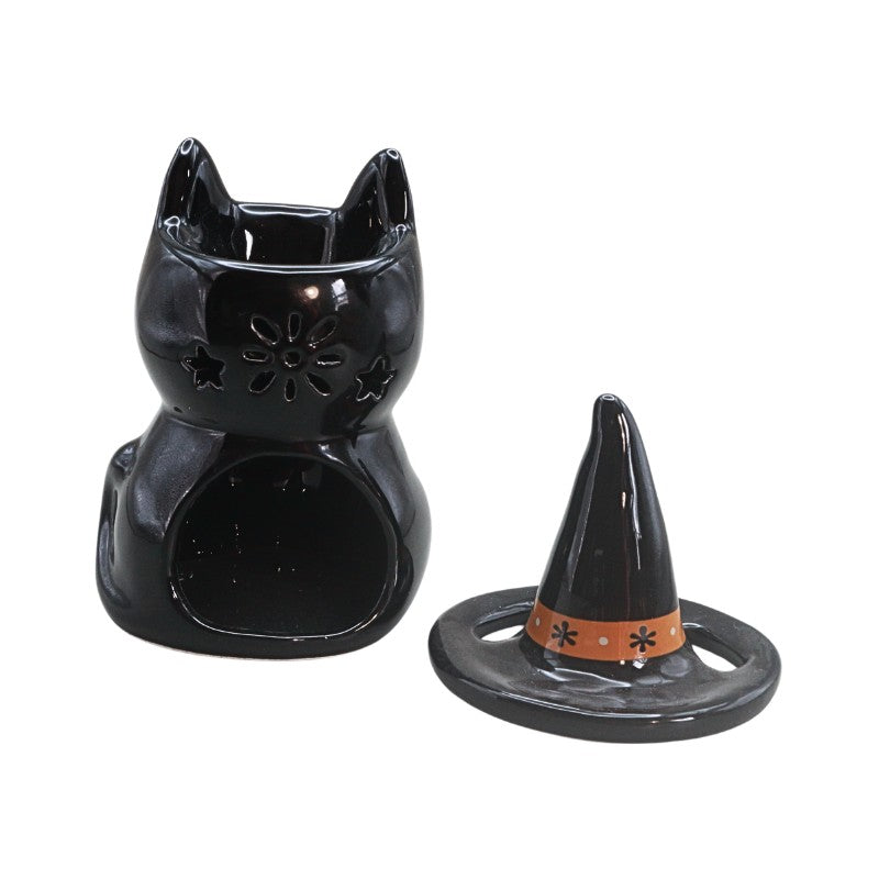 black and orange cat oil burner with folk art floral design, on a white background