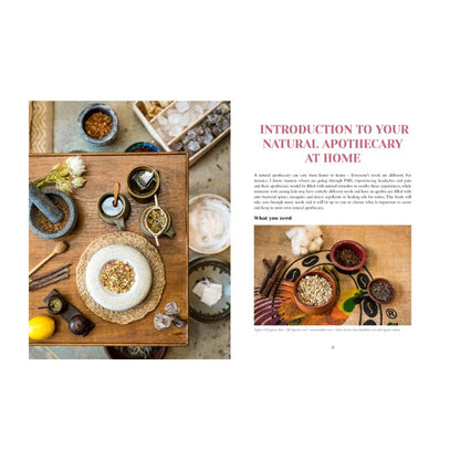 Book page with natural apothecary setup and text on a white background