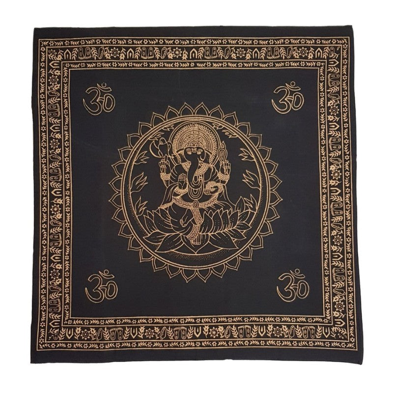 Black fabric with gold ganesh image   and Om symbols on a white background