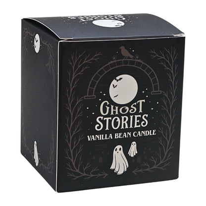 black square candle packaging box with white writing and ghost design