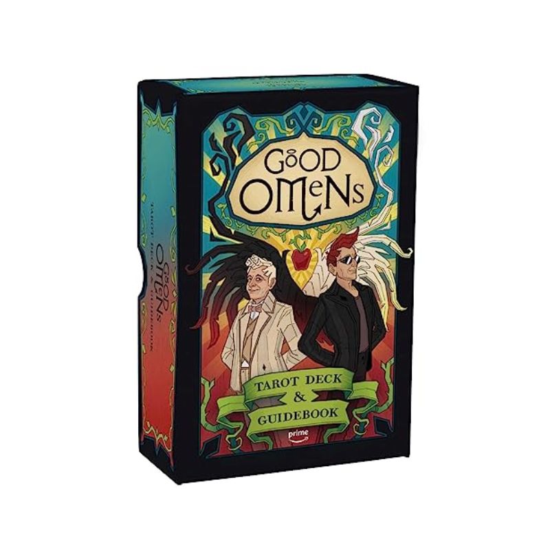 Good Omens Tarot Deck & Guidebook box featuring illustrated Aziraphale and Crowley with angel wings, framed by ornate green and gold artwork.

