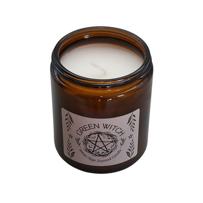 Brown glass candle with 'Green Witch' label on a white background