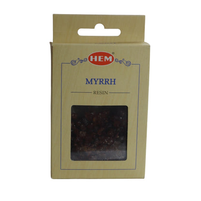Packaging for Hem Myrrh Resin. Cream box with red "HEM" logo