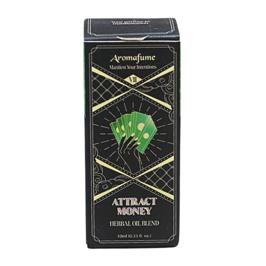 black packaging box with green money and words "attract money herbal oil blend"