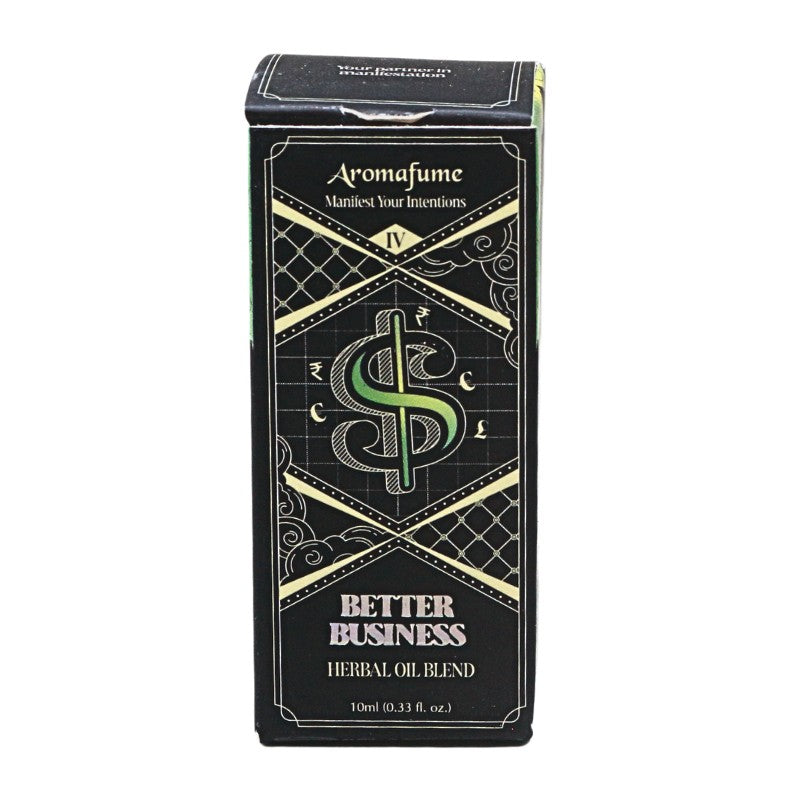 A rectangular black box for Aromafume Better Business Herbal Oil Blend, featuring a green dollar sign with gold decorative borders on a white background.