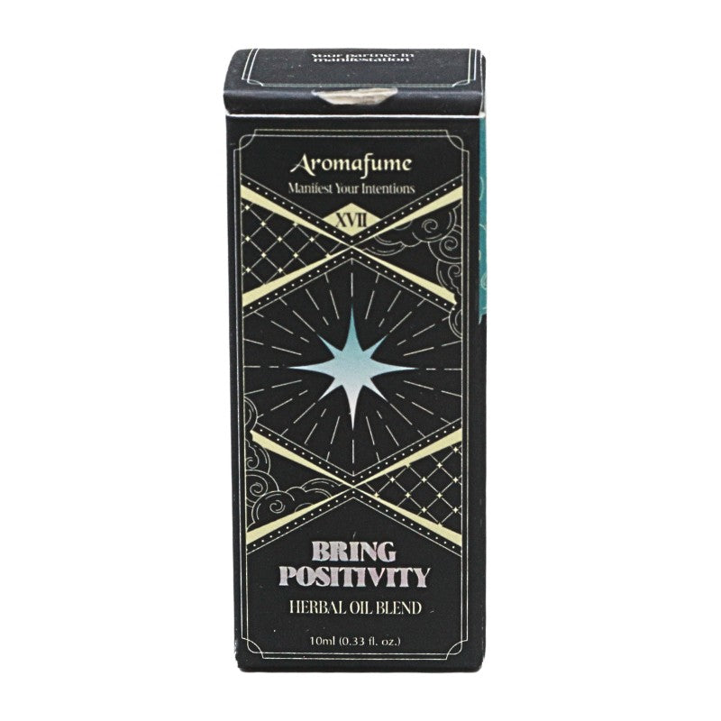 A rectangular black box for Aromafume 'Bring Positivity' Herbal Oil Blend, featuring a gold geometric star design on the front, set against a plain white background.