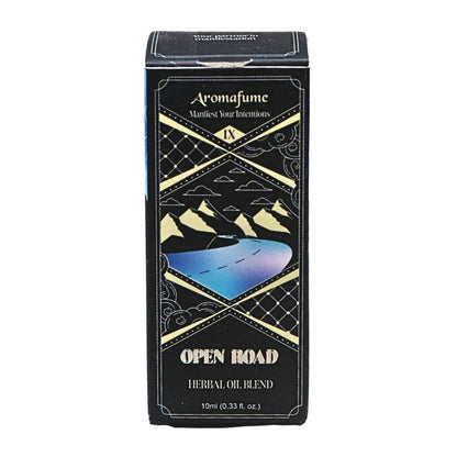Aromafume 'Open Road' Herbal Oil Blend in a black rectangular box with gold decorative borders, a mountain and lake illustration, and white text.