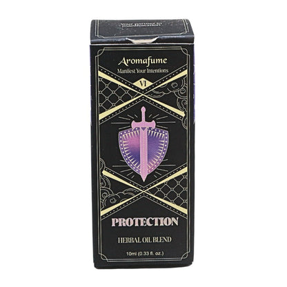 A rectangular black box of Aromafume Protection Herbal Oil Blend, featuring a purple and gold shield design on the front, set against a plain white background.