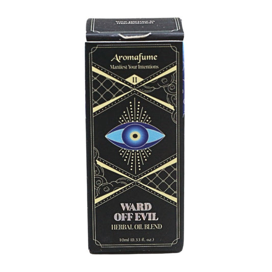 black packaging box  with blue eye and words "ward off evil herbal oil blend"
