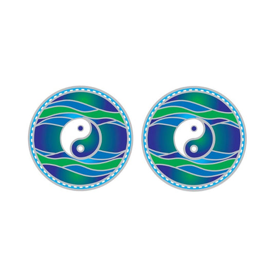 Pair of stickers with yin yang symbol and wavy design on a white background