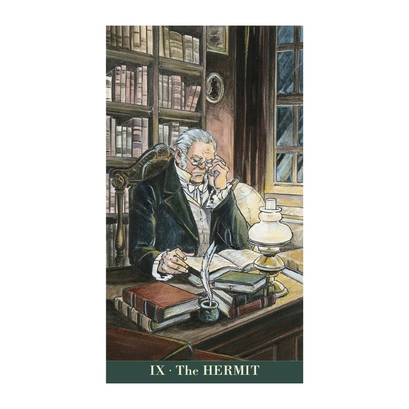 A book cover or printed artwork titled 'IX - The HERMIT' showing an illustrated elderly man seated at a desk in a library, with books, a lamp, and window in the background.
