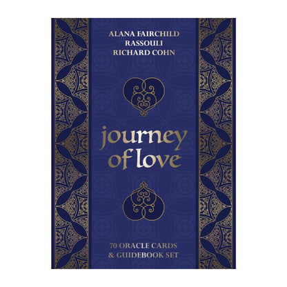 Card set packaging for 'Journey of Love' with ornate design and text on a blue background