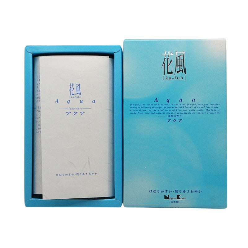 Blue packaging of Aqua incense with Japanese text on a white background
