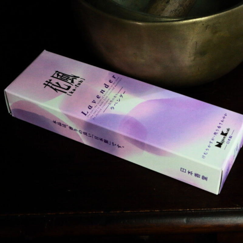 ka fuh lavender incense box in front of singing bowl