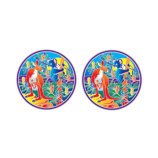 Colorful circular designs with kangaroos and Aboriginal figures on a white background