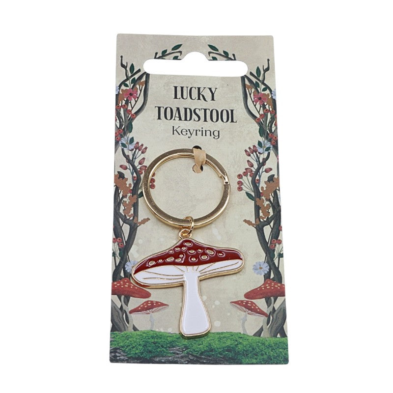 Lucky Toadstool keyring on packaging with mushroom design