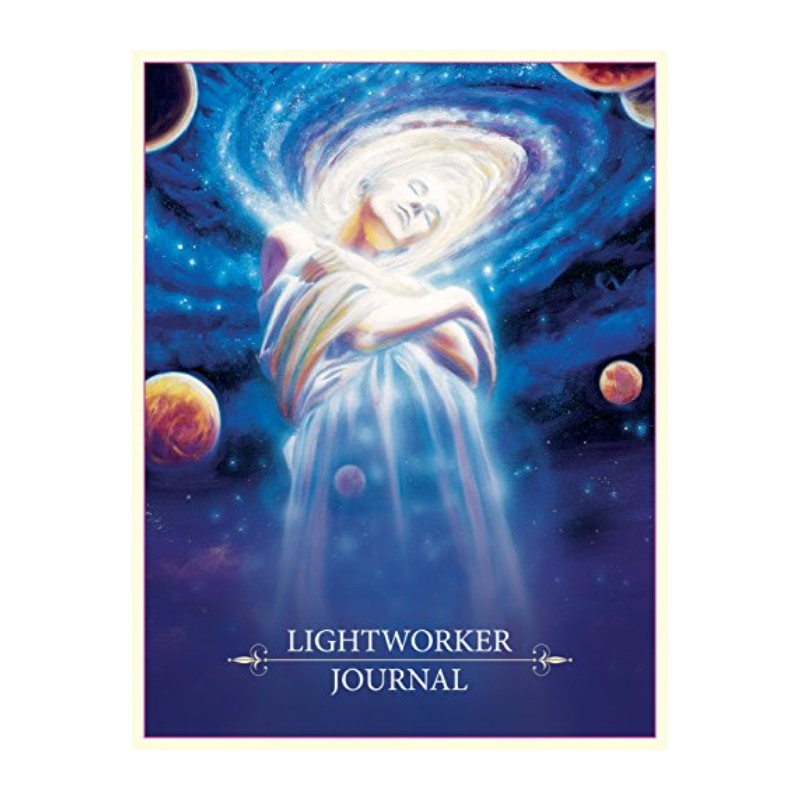 Book cover of 'Lightworker Journal' with a celestial design featuring planets and a woman.