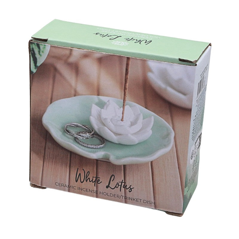 Ceramic incense holder and trinket dish with 'White Lotus' branding on packaging