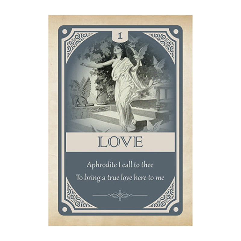 Vintage-style card with a woman and angelic figure, titled 'Love', on a beige border.