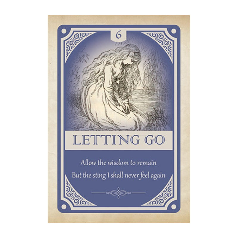 Vintage-style card with a woman holding flowers and text 'Letting Go' on a blue background.