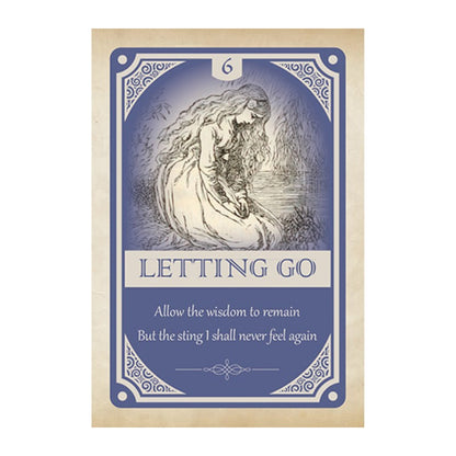 Vintage-style card with a woman holding flowers and text 'Letting Go' on a blue background.