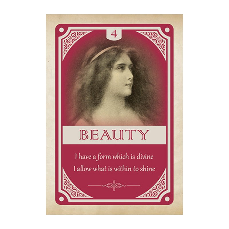 Vintage-style card with a portrait of a woman and text on a red background