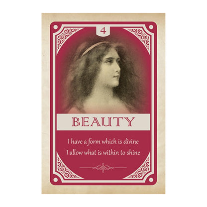 Vintage-style card with a portrait of a woman and text on a red background
