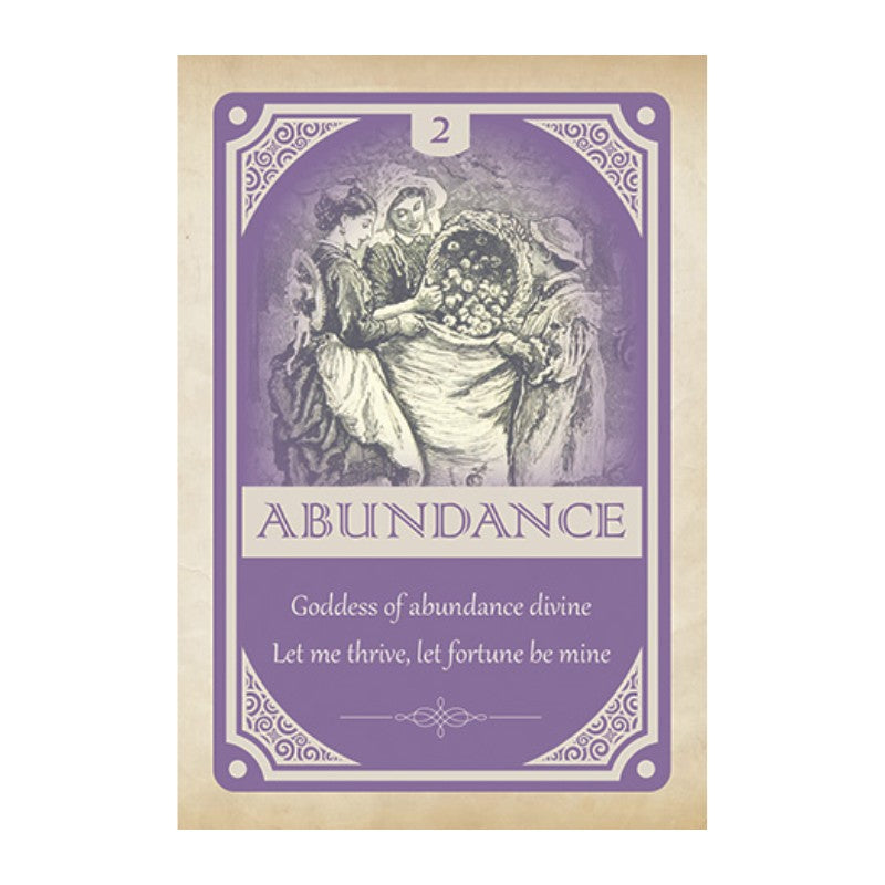 Card with illustration of three women and the word 'Abundance' on a purple background