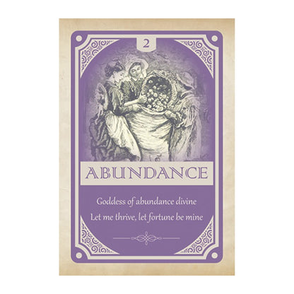 Card with illustration of three women and the word 'Abundance' on a purple background