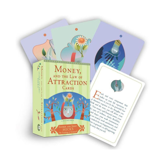 Money and the Law of Attraction Cards by Esther and Jerry Hicks, with a green box, three illustrated cards and a white message card.


