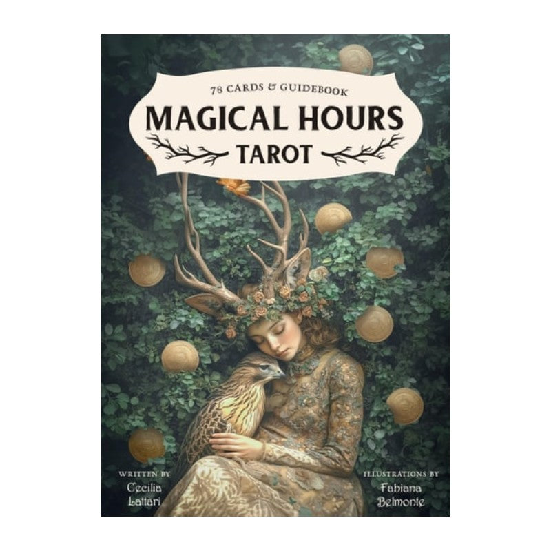 deck cover of 'Magical Hours Tarot' with illustration of a person with antlers and a bird, surrounded by nature elements.