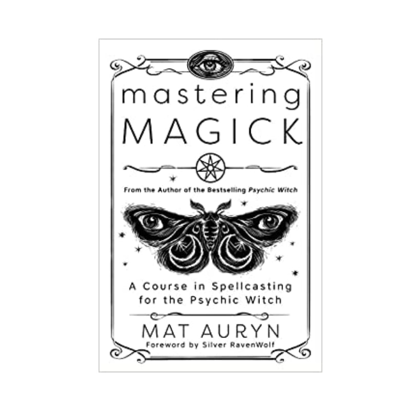 Book cover for "Mastering Magick" by Mat Auryn showing a moth in black on a white background