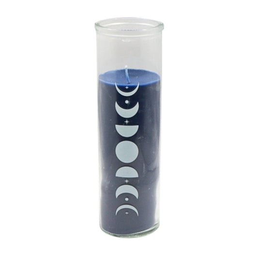 blue candle in clear glass jar with moon phases printed on the front