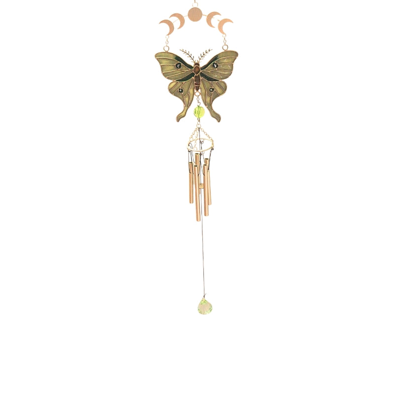 A hanging wind chime featuring a mint green and gold butterfly design with copperr-toned wind chimes below, set against a plain white background.