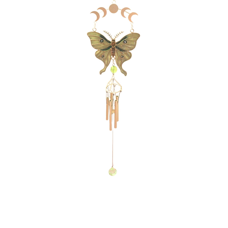 A bohemian-style wind chime featuring a green and gold butterfly, a crescent moon and sun symbol at the top, and hanging wind chimes below.